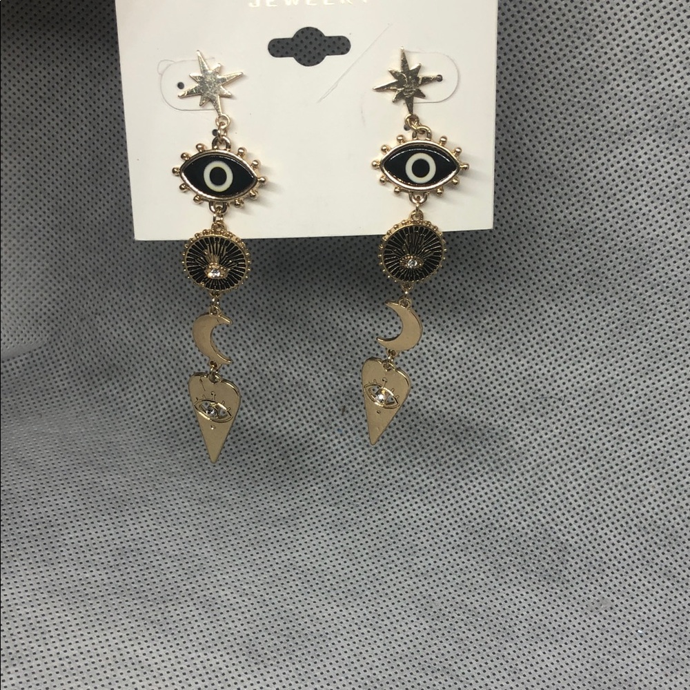 Gold tone evil eye moon half moon mystic celestial charms dangling earrings new